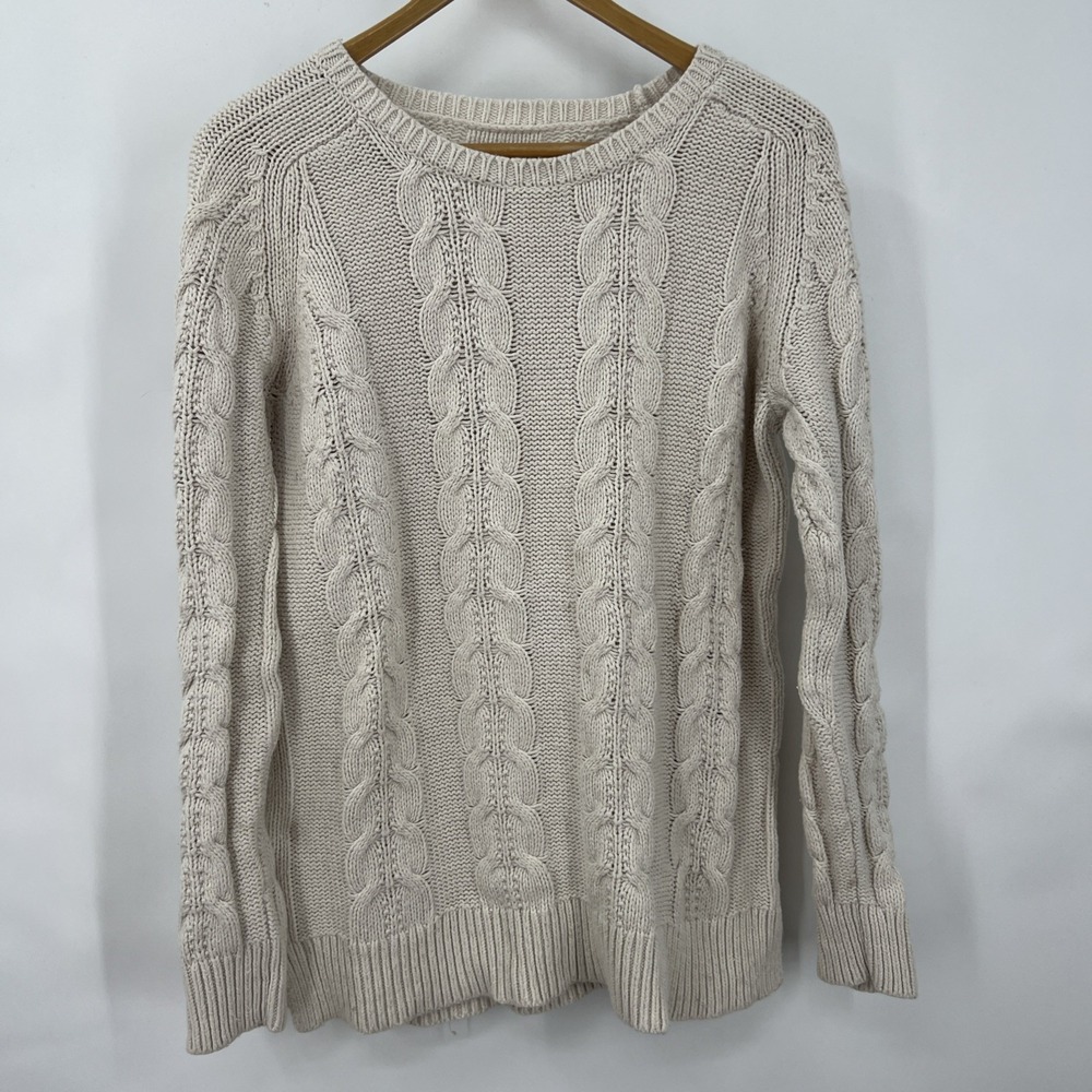 Vtg Loft Sweater Womens Cable Knit Ivory Sz L Cotton Camel Hair Fisherman Preppy